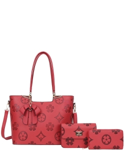 3n1 Floral Print Design Shoulder Tote Bag with Crossbody and Wallet Set YB-8093-S RED